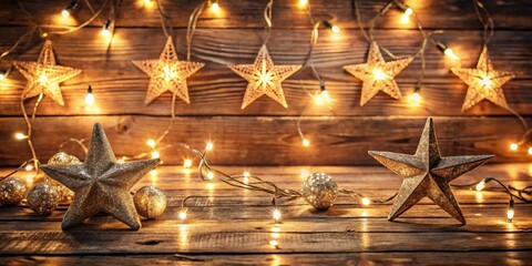Poster - Sparkling Star Ornaments with Twinkling Fairy Lights on a Rustic Wooden Background