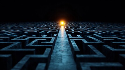 Aufkleber - Glowing Exit Illuminating a Complex Black and Blue Labyrinth Representing the Journey of Problem Solving and Achieving Successful Solutions  Abstract Digital Depicting a Futuristic