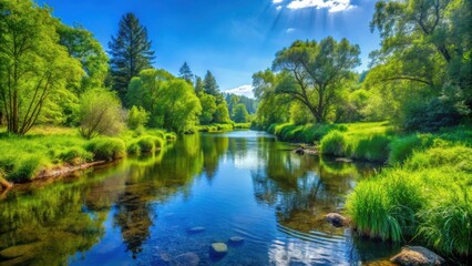 Poster - Tranquil River Scene with Lush Green Trees, Serene Blue Water, and Sunbeams Piercing Through the Clouds
