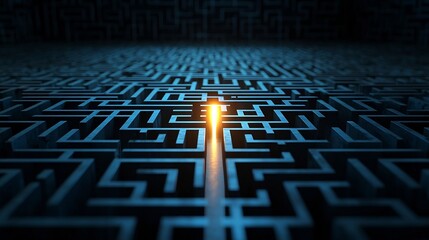 Aufkleber - Glowing Exit Light Shining Through the Intricate Patterns of a Dark Black and Blue Maze Symbolizing the Success of Overcoming a Challenging Problem or Dilemma