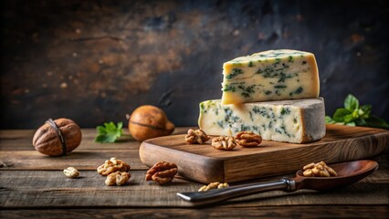 Poster - A Rustic Still Life Featuring Creamy Blue Cheese, Pecans, and Walnuts on a Wooden Cutting Board