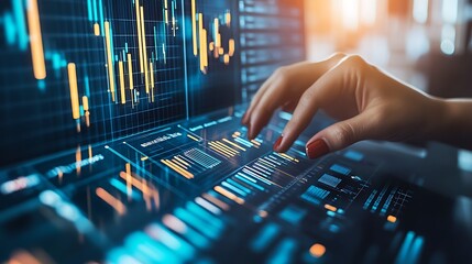 Poster - Hand Interacting with Futuristic Stock Market Data Display