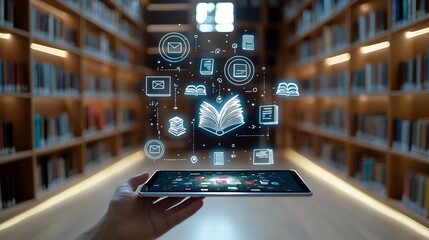 Aufkleber - Sleek tablet device projecting education themed icons and floating books within a softly illuminated library setting with rich wooden bookshelves and backdrop