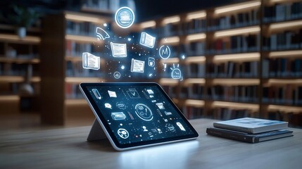 Aufkleber - Sleek tablet emitting floating educational symbols and books above its screen set amidst glowing bookshelves in a cozy dark wooden room