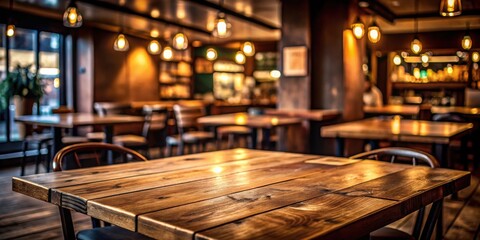 Poster - A rustic wooden table in a dimly lit restaurant, featuring warm incandescent lighting and a cozy atmosphere