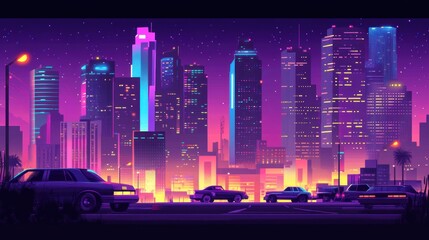 Poster - Neon Cityscape Nighttime View With Cars Driving