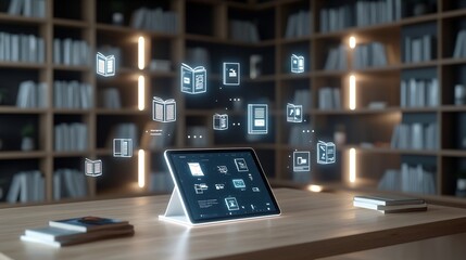 Aufkleber - Futuristic educational concept featuring a tablet device displaying floating digital books and icons placed on a wooden table and surrounded by radiant bookshelves in a dark wooden environment