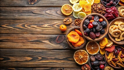 Poster - A rustic wooden table with a variety of dried fruit and nuts, arranged in bowls