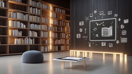 Aufkleber - Cozy educational setup with a tablet projecting floating books and learning symbols illuminated by glowing shelves in a dark wooden library like environment