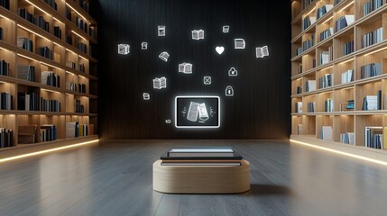 Aufkleber - Cozy educational setup with a tablet projecting floating books and learning symbols illuminated by glowing shelves in a dark wooden library like environment  Concept of technology digital education