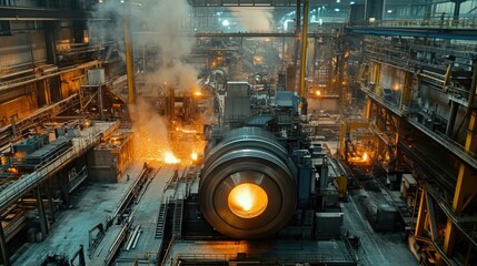 Poster - Industrial machinery operating in factory sparks flying action scene industrial environment aerial view dynamic work process