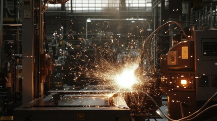 Poster - Industrial machinery sparks flying factory floor action industrial environment dynamic viewpoint for enhanced productivity