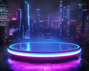 Poster - futuristic glass podium with neon lights in a digital cityscape backdrop for tech or gaming product 