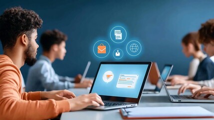 Fototapete - A classroom of students facing forward using laptops with a luminous interface showing e learning icons and virtual classroom tools set in a professional space with a dark blue background