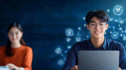 Aufkleber - Students in a High Tech Professional Setting Using Laptops with Radiant Interfaces Displaying Elements of Online Education Virtual Learning Tools and Icons Set in a Dark Blue Space