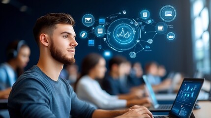 Aufkleber - Professional Digital Workspace with Students Sitting in Rows and Interacting with Bright Digital Interfaces and Virtual Education Tools on Laptops Against a Dark Blue Backdrop