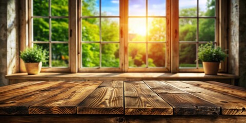 Poster - Wooden table top in front of a window with a view of the sunny garden outside