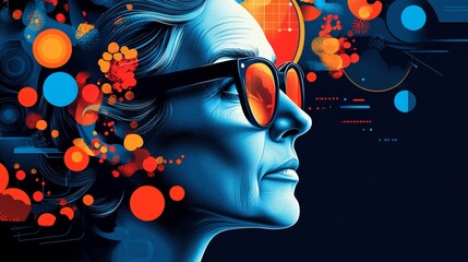 Wall Mural - woman with a face and glasses is shown in a colorful background. the image is abstract and has a fut