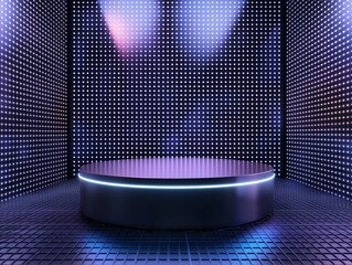 Poster - Minimalist Metal Podium in Futuristic Glowing Digital Grid Background for Tech Product Display