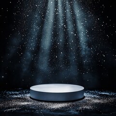 Wall Mural - floating podium surrounded by glowing particles in a dark dramatic room