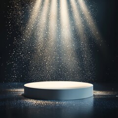 Poster - Floating Podium Surrounded by Glowing Particles in Dramatic Lighting Setup for Product Display
