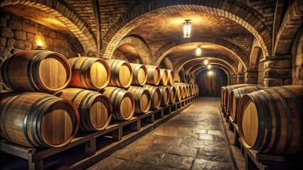 Poster - A rows of wooden barrels stacked in a dimly lit stone cellar with arched ceilings.