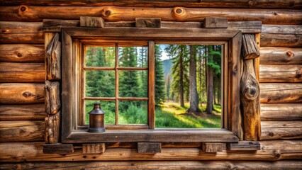 Aufkleber - A rustic wooden window with a view of a forest, framed by natural log cabin walls
