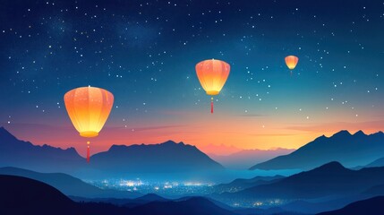 Poster - Sky Lanterns Floating Over Night Mountainscape