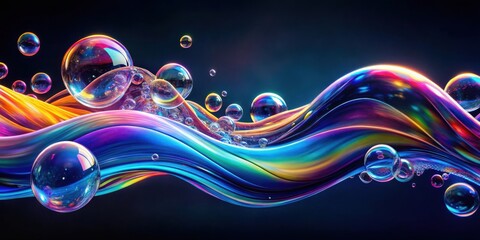 Poster - A mesmerizing abstract art piece featuring a vibrant iridescent wave and numerous transparent orbs, creating a captivating play of light and color.