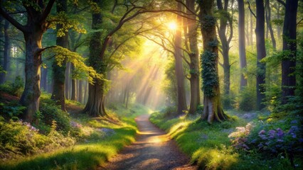 Poster - A Sunlit Path Through a Tranquil Forest, Bathed in Golden Light, with Green Trees and Blossoms Along the Way