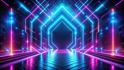 Poster - A futuristic abstract hallway with neon lights and a hexagon-shaped portal in the distance.  The floor is reflective, and the walls are covered in geometric patterns.
