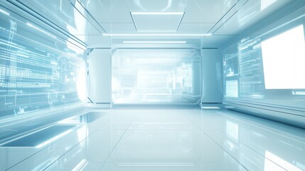 Poster - Futuristic White Corridor With Holographic Displays
