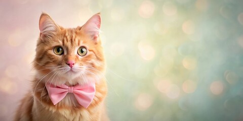 Aufkleber - A cute ginger cat with pink bow tie looking to the right, blurred bokeh background