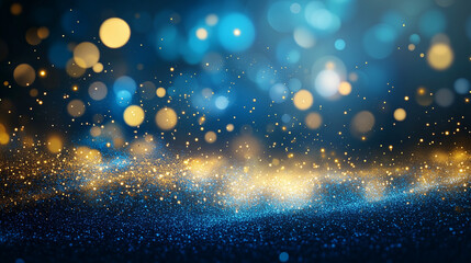 Poster - Abstract festive background with sparkling blue and gold glitter, bokeh lights, and dark backdrop. Perfect for holiday designs, posters, and as a backdrop for text or images.