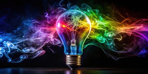 Poster - A radiant light bulb glows with vibrant colors as ethereal smoke dances around it, symbolizing the power of creativity and imagination.