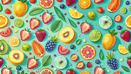 Poster - A Vibrant Mosaic of Fresh Fruits and Berries, a Symphony of Colors and Textures on a Turquoise Canvas