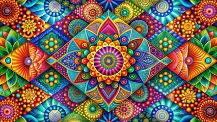 Poster - Vibrant abstract art with a kaleidoscope of colors and patterns, featuring intricate floral designs and geometric shapes, creating a captivating visual experience.