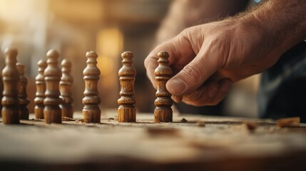 Poster - Hand of a Person Moving a Handmade Wooden Chess Piece on a Rustic Table in Natural Light Representing Strategy, Skill, and Thoughtful Game Planning