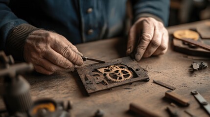 Poster - Detailed Craftsmanship of Clock Repair with a Skilled Artisan Working on Intricate Gears and Mechanisms in a Vintage Workshop Setting