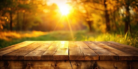 Poster - Rustic wooden table with a warm, golden glow of sunset filtering through a background of blurred foliage.