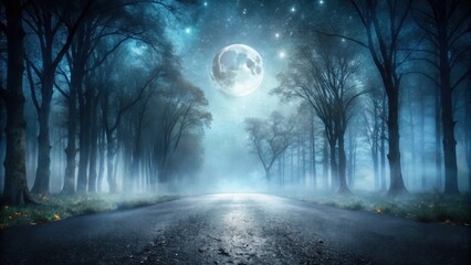 Poster - A Mystical Forest Path Under a Starry Night with a Full Moon Illuminating the Foggy Landscape