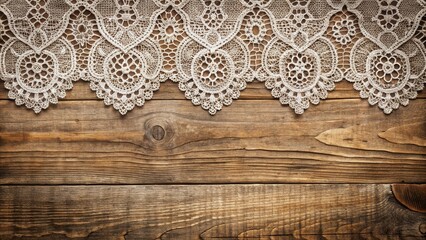 Poster - Delicate white lace trim adorns a rustic wooden surface, providing a charming backdrop for craft projects or wedding invitations.