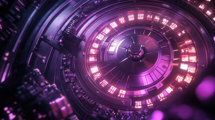 Poster - Futuristic abstract design featuring vibrant purple and pink glowing circular patterns in a high-tech digital sphere with intricate details and machinery elements, showcasing a sci-fi aesthetic.