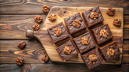 Poster - A delectable array of chocolate brownies with pecans, resting on a rustic wooden cutting board, inviting a delightful indulgence