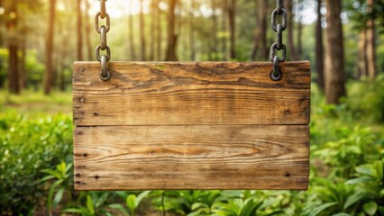 Poster - Wooden sign hanging on chains in a forest setting with blurred foliage in the background