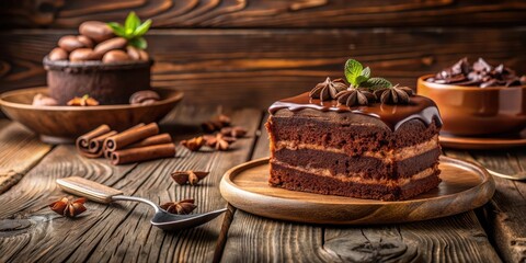 Poster - A Delicious Chocolate Cake Slice Adorned with Star Anise and Mint, Resting on a Rustic Wooden Platter