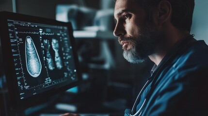 Poster - Doctor Examining Medical Scan on Computer Monitor