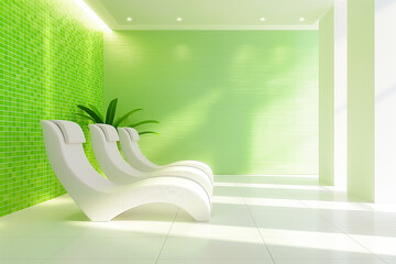 Poster - A calm lounge with minimalist chairs and a vibrant green wall offers a perfect space for relaxation