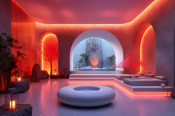 Poster - A serene indoor area featuring soft lighting, natural plant life, and a calming waterfall, perfect for relaxation