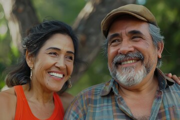 Joyful older Hispanic man and woman engage in exercise outdoors